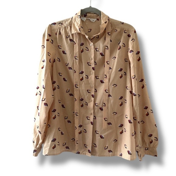 Vintage 80s Personal Beige Geometric Pattern Blouse Long Sleeves Women’s Size 12 - Picture 1 of 16